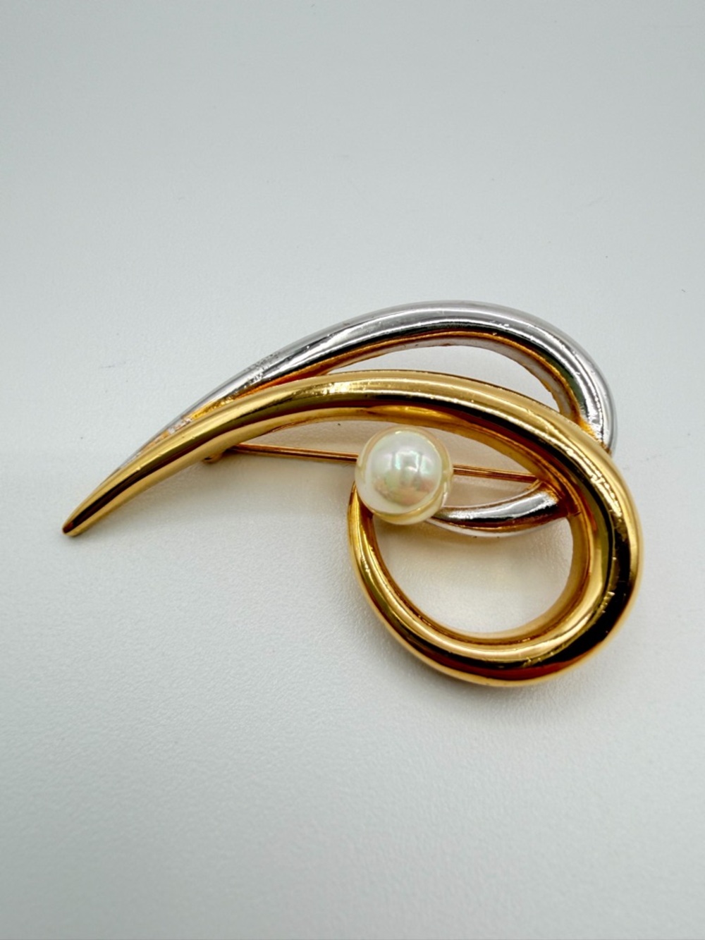 Signed D’Orlan Gold & Silver Tone Swirl Faux Pearl Brooch Pin
